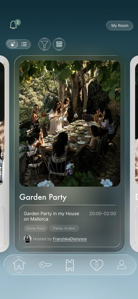 Vorschau auf Locked Rooms in der Dionysos-App: private „Garden Party“ mit Uhrzeit und Gastgeberin