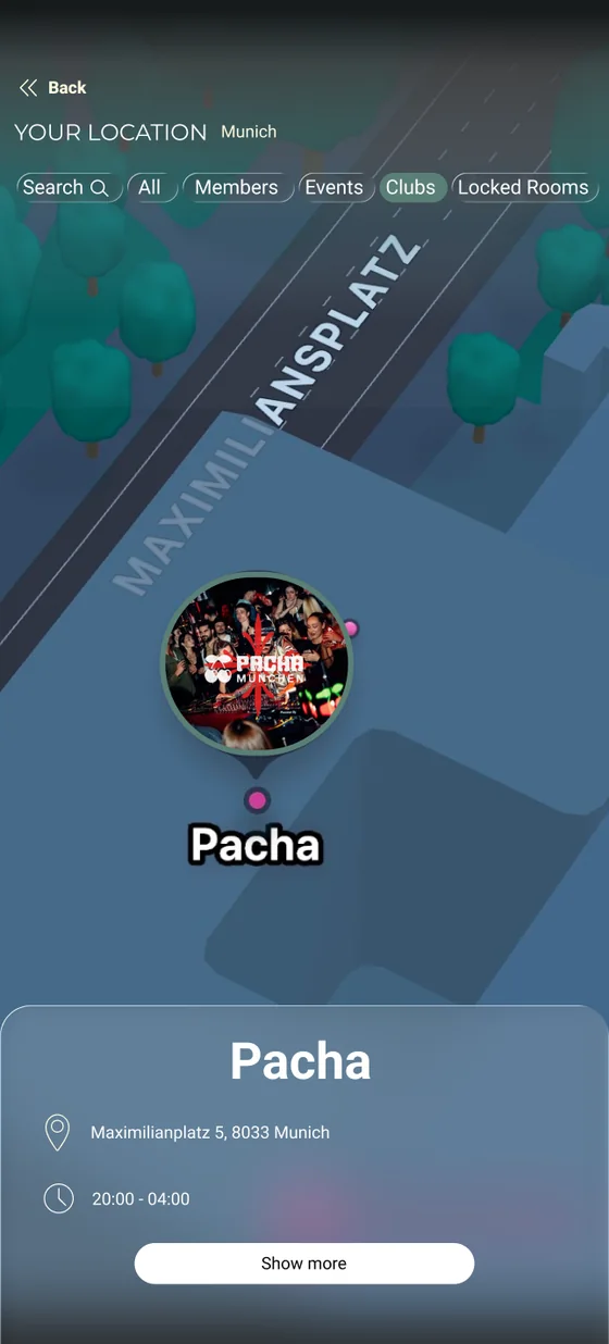 Partnerseite in der Dionysos-App: der Club Pacha am Maximiliansplatz auf der Karte, mit Adresse und Öffnungszeit