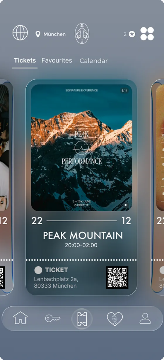 Ticket-Ansicht der Dionysos-App: Eventkarte „Peak Mountain“ mit Datum, Uhrzeit, Adresse und QR-Code
