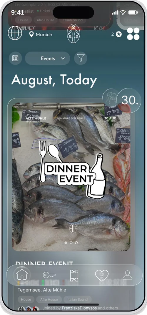 Discover-Feed der Dionysos-App mit Events des Abends